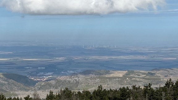 Blick vom Brocken auf Windpark Druiberg im Landkreis Harz