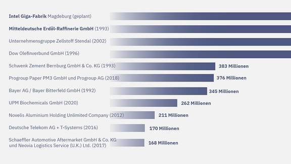 Großansiedlungen mit strukturpolitischer Bedeutung:  1.)	Mitteldeutsche Erdöl-Raffinerie GmbH (1993)                Investitionsvolumen: 2.471.156.485,27 Euro 2.)	Unternehmensgruppe Zellstoff Stendal (2002) 855.650.784,89 Euro  3.)	Dow Olefinverbund GmbH (1996) 792.758.489,32 Euro  4.)	Schwenk Zement Bernburg GmbH & Co. KG (1993) 383.672.719,84 Euro         5.) Progroup Paper PM3 GmbH und Progroup AG (2018) 376.092.069,00 Euro  6.)	Bayer AG/ Bayer Bitterfeld GmbH (1992) 345.256.086,16 Euro        7.)  UPM Biochemicals GmbH (2020) 262.303.606,66 Euro  8.)	Novelis Aluminium Holding Unlimited Company Zweigniederlassung Deutschland und Novelis (2012) 211.272.477,17 Euro  9.)	Deutsche Telekom AG + T-Systems (2016) 170.000.000,00 Euro  10.)	Schaeffler Automotive Aftermarket GmbH & Co. KG und Neovia Logistics Service (U.K.) Ltd. (2017) 168.262.411,00 Euro 