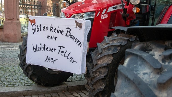 Landwirte mit ihren Traktoren beim Bauernprotest am Domplatz in Magdeburg.