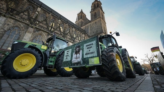 Traktoren fahren am Dom zur Kundgebung der Bauern vor den Landtag von Sachsen- Anhalt