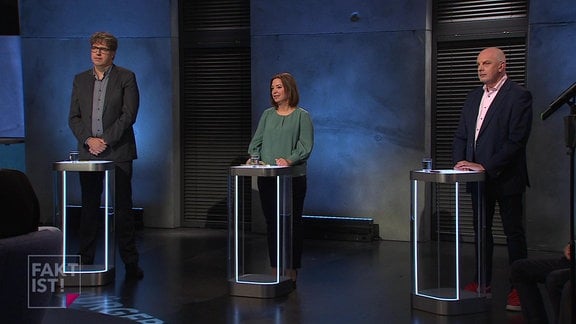 Drei Politiker Michael Kellner (B´90/Die Grünen), Yvonne Magwas (CDU) und Detlef Müller (SPD) in der MDR-Sendung "Fakt ist!"
