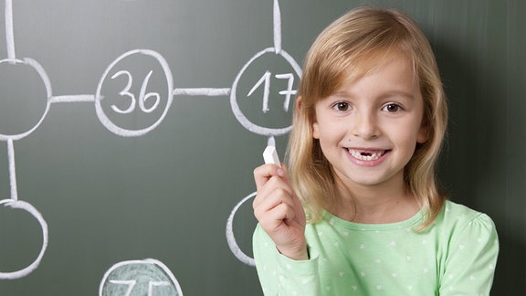 Lächelndes Mädchen steht mit Kreide in der Hand vor einer Tafel.