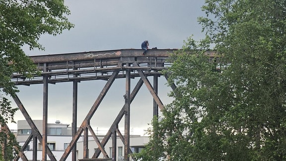 Auf der Hubbrücke in Magdeburg sitzt ein Mann in Jeans auf der Stahlkonstruktion