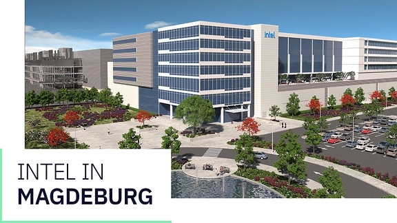 Eine Computergrafik zeigt die in Magdeburg geplante Chipfabrik des US-Konzerns Intel. 