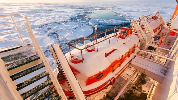 Ein eingeschneites Rettungsboot auf der Polarstern in der Arktis