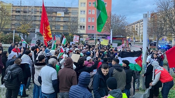 Teilnehmer auf einer Pro-Palästina-Demonstration in Magdeburg.