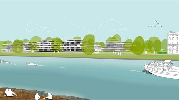 Grafische Darstellung Stadtplanung, Menschan am und auf dem Fluss, Häuser am Ufer.