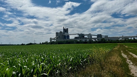 Ein Feld, im Hintergrund eine Industrieanlage