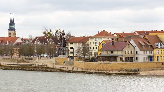 Blick auf eine Uferpromenade am Elbufer in Schönebeck, unter anderem ist die Skulptur "Salzblume" zu sehen.