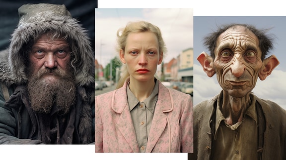 Eine Collage aus drei Fotos von Personen, welche die KI Midjourney erstellt hat.