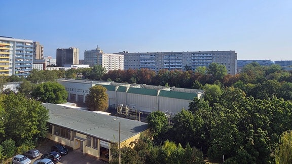 Blick über Häuser in Halle Neustadt. Im Hintergrund stehen Wohnblöcke