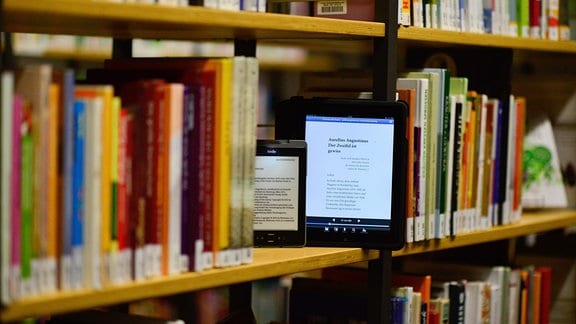 E-Book-Reader  in einem Bücherregal