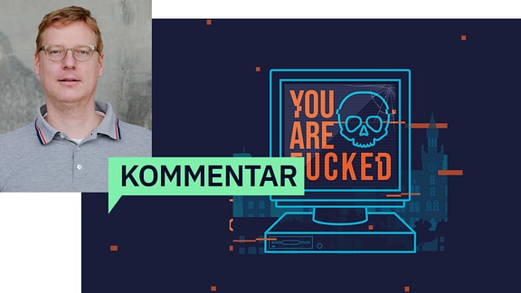 Ein blauer gezeichneter Monitor mit einem Blauen Totenkopf und daneben die Aufschrift in orangenen Buchstaben "You are fucked".