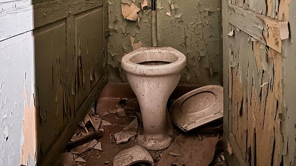 Schmaler verlassener Raum mit abblätternder Wandfarbe, Toilettenbecken und hochhängendem Wasserkasten