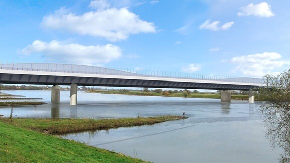 Visualisierung einer Brücke über einen breiten Fluss.