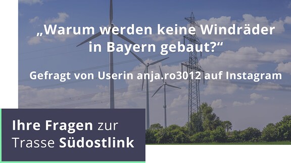 Windräder und Strommasten, davor die Frage "Warum werden keine Windräder in Bayern gebaut?"