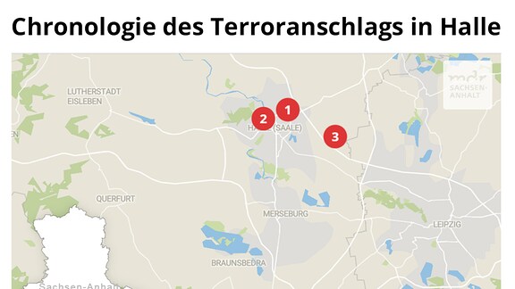 Karte mit der chronologischen Abfolge des Terroranschlags in Halle