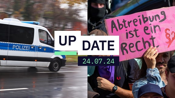 Eine Collage aus zwei Bildern: Links ist das Symbolbild eines Polizeiwagens zu sehen. Rechts ein Schild, auf dem "Abtreibung ist ein Recht" steht.