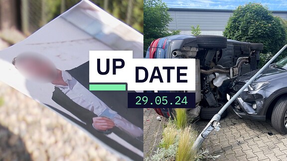 Eine Collage aus zwei Bildern: Links ist ein Bild des AfD-Kandidaten Maximilian Tischer zu sehen - sein Gesicht ist unkenntlich gemacht. Rechts ist das Bild eines kaputten Autos zu sehen.