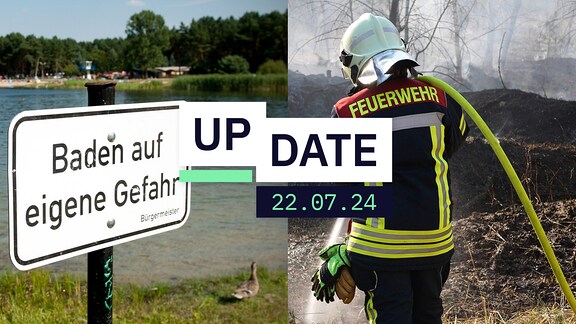 Eine Collage aus zwei Bildern: Links ist ein Schild, auf dem "Baden auf eigene Gefahr" steht. Rechts sieht man einen Feuerwehrmann, der einen Brand löscht.