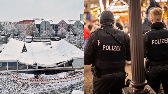 Eine Collage aus eingestürztem Zeltdach und Polizisten auf einem Weihnachtsmarkt