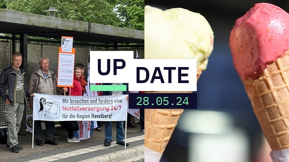 Eine Collage aus zwei Bildern: Links sieht man Protestierende in Magdeburg. Rechts is Eiscreme zu sehen. 