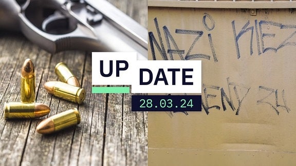 Eine Collage aus einer liegenden Waffe mit Munition daneben und einem "Nazi Kiez" Graffiti auf einer braunen Wand. 