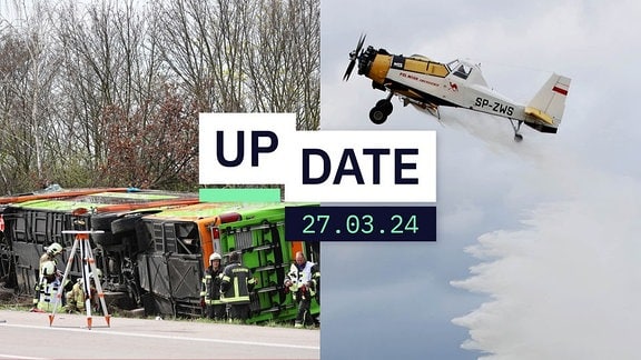 Eine Collage aus einem verunfallten Flixbus an der Autobahn und einem Löschflugzeug in der Luft.