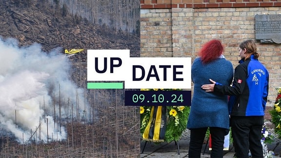 Eine Collage aus dem Bild mit einem Löschflugzeug beim Brockenbrand und einem Bild mit trauernden Frauen beim Gedenktag Halle.