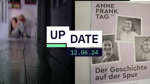 Eine Collage aus zwei Bildern: Links ist eine Frau zu sehen, die zusammengekauert in der Ecke liegt. Das Symbolbild steht für Gewalt gegen Frauen. Rechts sieht man ein Bild von Anne Frank und ihrer Familie.