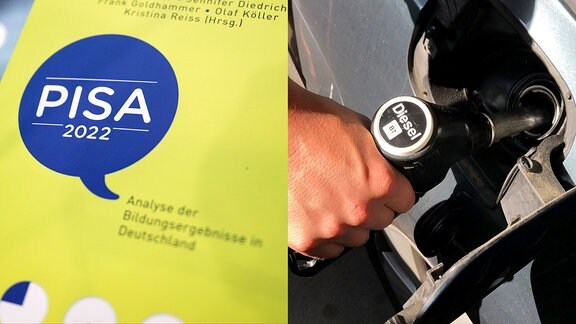 Eine Collage aus dem Flyer der akutellen PISA-Studie und einer Hand an einer Diesel-Zapfsäule.