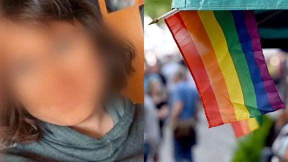 Eine Collage aus gepixeltem Foto des Mordopfers Kezhia und einer Regenbogen-Flagge.