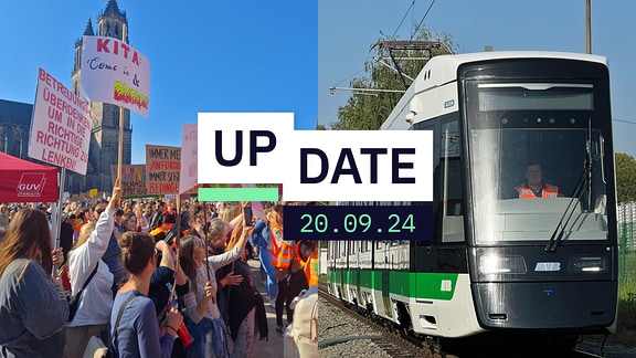 Eine Collage aus Protestierenden vor dem Dom in Magdeburg und einer Straßenbahn