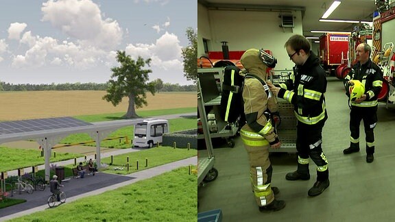 Eine Collage aus einem Bild mit Landschaft mit Traktor und Fahrradfahrer und Feuerwehrleuten in Schutzkleidung. 