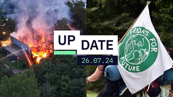 Eine Collage aus einem Großbrand in Halle und einer Fridays for Future Fahne mit dem aktuellen Datum.