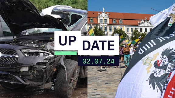 Eine Collage aus zwei Bildern: Links ist ein zerstörtes Auto zu sehen, rechts die Flagge von Reichsbürgern.