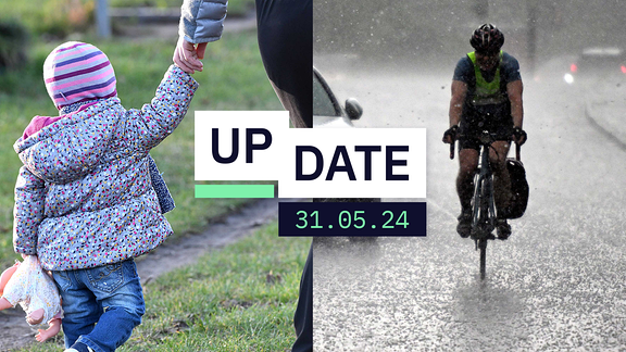 Eine Collage aus zwei Bildern: Links ist das Symbolbild eines kleinen Mädchens zu sehen, dass an der Hand ihres Vaters läuft. Rechts fährt ein Radfahrer bei starkem Regen Fahrrad.