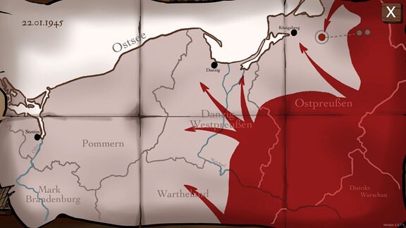 Eine Karte vom östlichen Teil des Deutschen Reiches im Jahre 1945 ist zu sehen. Von der rechten Seite zeigen rote Pfeile auf Städte wie "Danzig" oder "Königsberg".