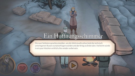 Screenshot des Videospiels "Gezeichnet – Unsere Flucht 1945". Darauf ist zu sehen, wie eine junge Frau zwei Wehrmachtssoldaten zuhört.