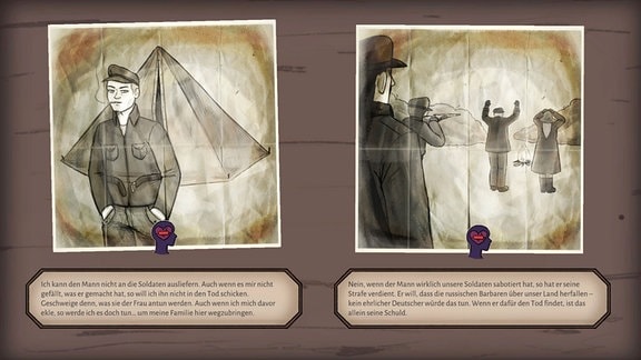 Screenshot des Videospiels "Gezeichnet – Unsere Flucht 1945". Darauf ist zu sehen, wie der Spieler oder die Spielerin eine Entscheidung treffen können. 
