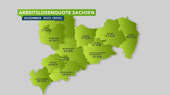 Karte von Sachsen, die die Arbeitslosenquote im Dezember 2023 in Städten und Landkreisen zeigt