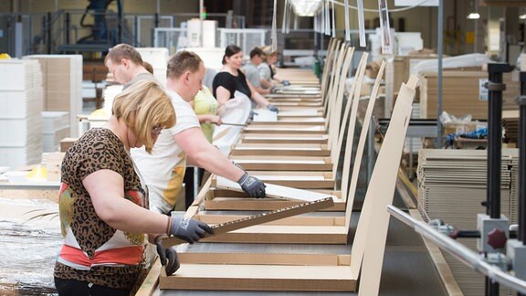 Produktionsarbeiter verpacken im Maja Möbelwerk in Wittichenau (Sachsen) an einem Verpackungsband verschiedene Holzbauteile, 2016. 