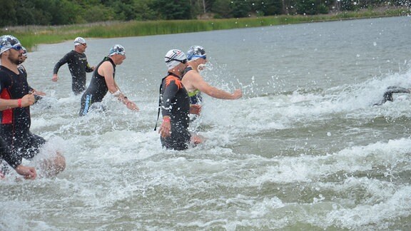Männer rennen ins Wasser beim KnappenMan-Triathlon