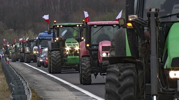 Ein Kolonne polnischer Traktoren fährt eine Straße entlang.