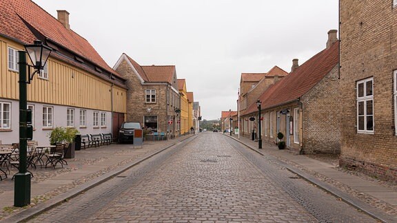 Ansicht einer gepflasterten Straße an der Backtseinhäuser stehen