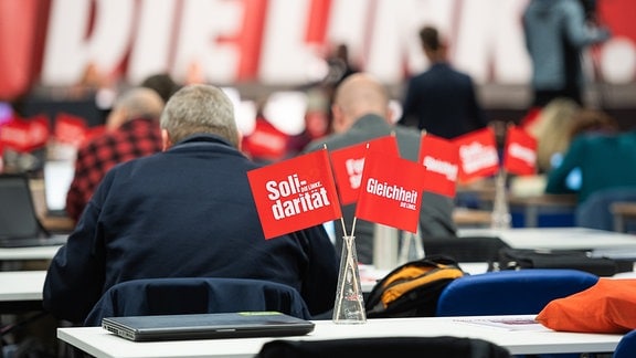 Die Übersicht zeigt Teilnehmenr auf dem Landesparteitag der Partei Die Linke Sachsen im Messe- und Veranstaltungspark Löbau. 