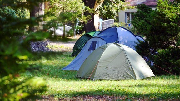 Mehrere Zelte stehen auf einem Grundstück