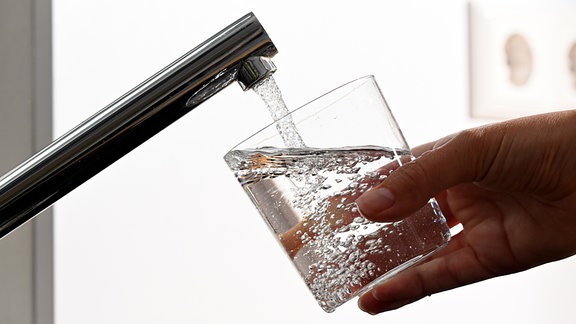 Eine Hand hält ein Wasserglas unter einen Wasserhahn. 