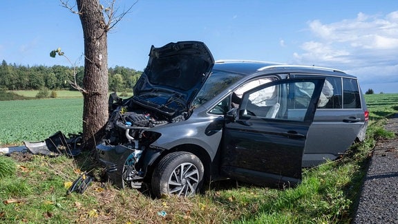 Ein kaputtes Auto an einem Baum