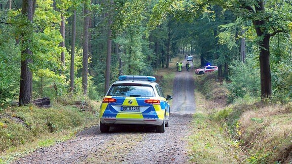 Polizeiwagen auf einem Waldweg